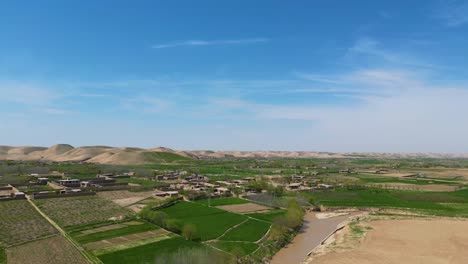 An-aerial-shot,-captured-by-drone-of-a-rural,-agricultural-landscape-in-a-remote-village-setting-located-within-Afghanistan