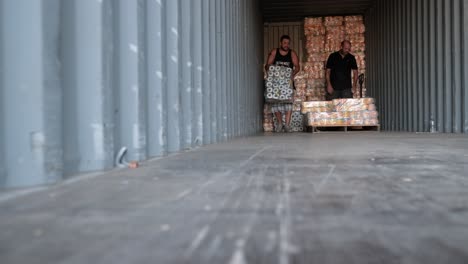 Hombres-A-Lo-Lejos-Cargando-Papel-Higiénico-En-Un-Palé