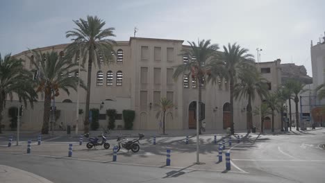 The-famous-Alicante-bull-ring's-entrance-at-Plaza-de-Espana,-Alicante,-Levante