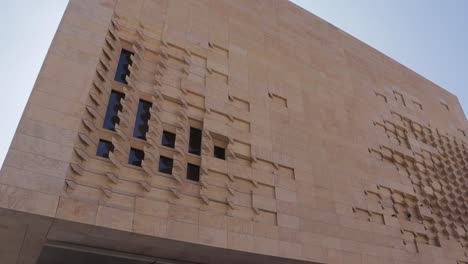 A-panoramic-shot-with-a-low-angle-view-of-the-Parliament-building-in-Valletta,-Malta