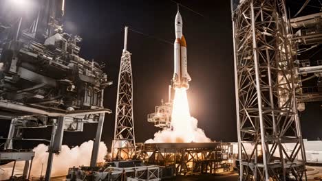 Rocket-launching-with-powerful-engines,-lifting-off-the-pad-and-soaring-into-space