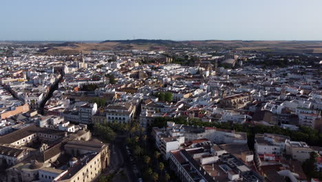 High-Aerial-Cityscape-of-Jerez-de-la-Frontera,-Spain,-Gentle-Push-In