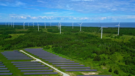 Paldiski-Wind-Park,-Aerial-drone-view-of-wind-turbines-and-solar-panels