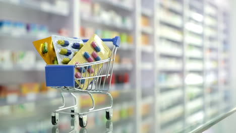 Pharmacy-shopping-cart-in-drug-store-filled-with-various-pills-and-tablets,-with-additional-blister-packs-loose-capsules-scattered-on-a-blurred-background-for-choosing-buying-medicine-online