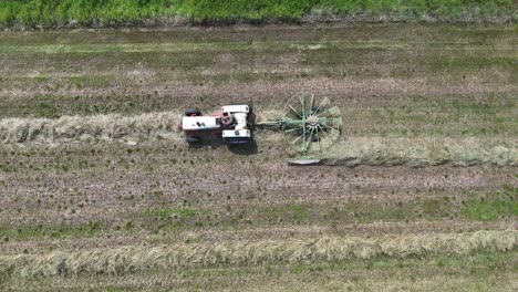 A-farmer-rakes-hay-in-Northeast-Wisconsin-making-it-ready-for-baling