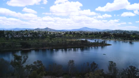 Aerial-pan-of-Lake-Murray-reservoir,-low-light,-cloudy-skies