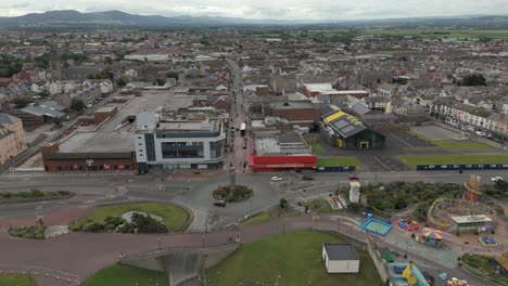 An-aerial-view-of-the-of-the-Welsh-town-of-Rhyl-in-Denbighshire,-North-Wales,-on-an-overcast-morning