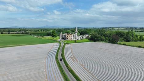 Ubicaciones-épicas-De-Irlanda,-Paisaje-Con-Drones-Del-Castillo-De-Ducketts,-Carlow,-Irlanda,-Ruinas-De-Una-Casa-Embrujada-En-Un-Día-De-Verano