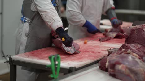 Beef-filet-being-prepared-by-worker-with-a-sharp-knife-at-a-meat-processing-plant,-Close-up-shot