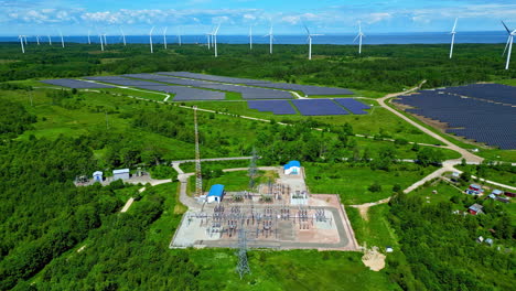 Electricity-production-by-massive-solar-and-wind-farms,-aerial-view