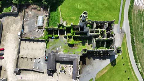 Ireland-Epic-Locations-drone-view-of-ruined-great-house-destroyed-by-fire,-haunted-Ducketts-Castle-County-Carlow-Ireland