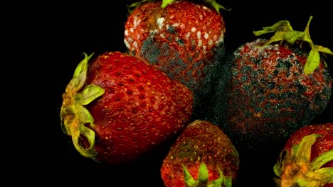 Rotting-strawberries-captured-in-a-timelapse,-showing-decay-and-mold-growth-on-a-black-background