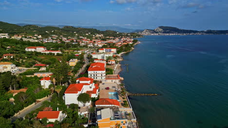 Coastal-township-of-Greece,-aerial-drone-view