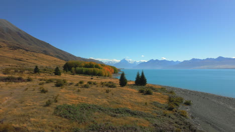 Lake-Pukaki-on-the-South-Island-of-New-Zealand---pullback-aerial-view-of-Mount-Cook,-Aoraki