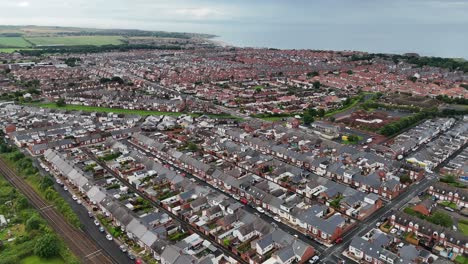 Drone-Aerial-View-Footage-Of-Sunderland-North-East-England-UK-British-City-Tyne-And-Wear-Seaburn-Hendon-Roker-Stadium-Of-Light-SAFC