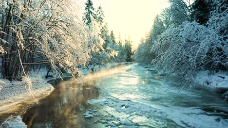 Low-aerial-dolly-over-ice-covered-river-with-snow-on-tree-branches-with-sunset-light-reflecting-on-water