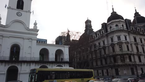 Panoramic-of-the-streets-of-Plaza-de-mayo-and-the-Cabildo-of-the-old-city-in-winter-sunset