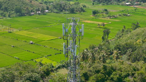 Torre-De-Telefonía-Móvil-Que-Se-Eleva-Sobre-Exuberantes-Campos-De-Arroz-Verdes-En-Pantai-Lancing,-Lombok