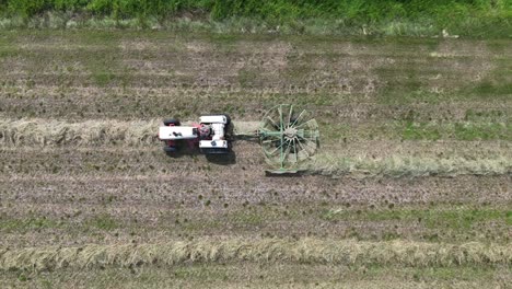 A-farmer-rakes-hay-in-Northeast-Wisconsin-making-it-ready-for-baling