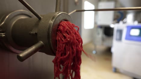 Meat-grinder-at-a-meat-processing-plant-with-beef-strings-falling,-Close-up-shot