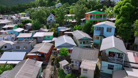 Low-income-housing-are-of-Soufriere-City,-Saint-Lucia-during-sunny-day