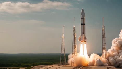 Un-Cohete-Se-Eleva-Hacia-El-Cielo-Desde-La-Plataforma,-Con-Una-Impresionante-Exhibición-De-Fuego-Y-Tecnología-De-Propulsión,-Marcando-El-Inicio-De-Una-Misión-Espacial.