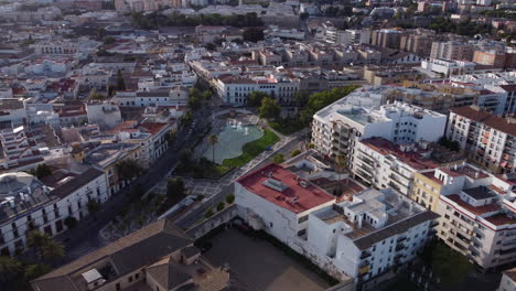 Fountains-in-Public-Park-in-the-Center-of-Jerez-de-la-Frontera-AERIAL