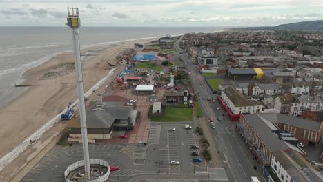 An-aerial-view-of-the-of-the-Welsh-town-of-Rhyl-in-Denbighshire,-North-Wales,-on-an-overcast-morning