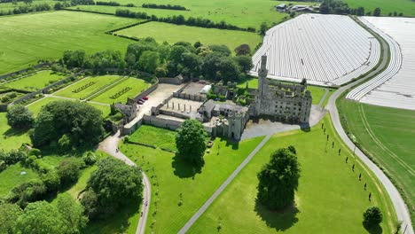 Irland,-Epische-Orte,-Drohnenlandschaft-Der-Herrenhausruinen-Von-Ducketts-Castle,-Paranormale-Stätte-In-Carlow