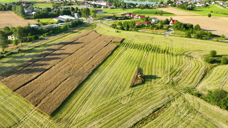 Luftaufnahme-Eines-Mähdreschers-Bei-Der-Arbeit-Auf-Einem-Feld-In-Der-Nähe-Eines-Wohngebiets