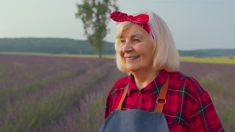 Porträt-Einer-älteren-Landwirtin,-Die-Auf-Einem-Biofeld-Lila-Lavendelblüten-Anbaut