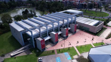 Aerial-View-of-Simon-Bolivar-Aquatic-Complex-Building,-Bogota,-Colombia,-Drone-Shot