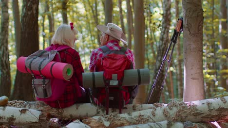 Grandmother-grandfather-senior-tourists-hikers-sitting-on-tree-and-hugging,-kissing-in-summer-forest