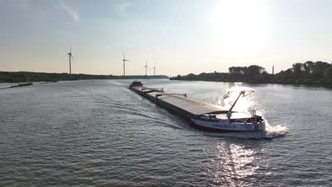 AMOUREUS-Cargo-Ship-Vessel-In-Barendrecht,-Netherlands---Aerial-Drone-Shot