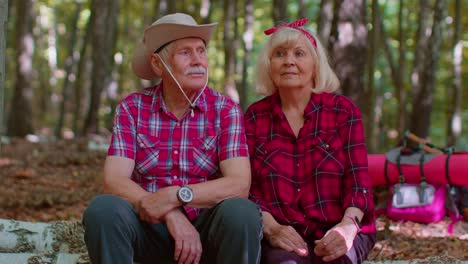 Grandmother-grandfather-senior-tourists-hikers-sitting-on-tree-and-hugging,-kissing-in-summer-wood