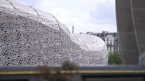 Soccer-stadium-exterior-at-Parc-des-Princes-home-of-Paris-Saint-Germain-Football-Team,-Exterior-wide-shot