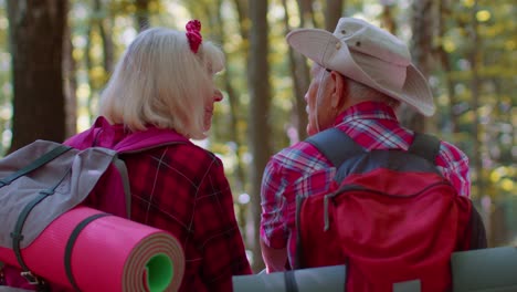 Grandmother-grandfather-senior-tourists-hikers-sitting-on-tree-and-hugging,-kissing-in-summer-wood