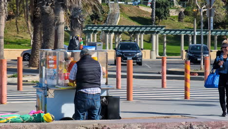 Roadside-food-stall-near-Venica-Beach-in-Los-Angeles,-USA-during-daytime