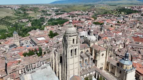 Tower,-Cathedral-of-Segovia-,-Spain,-drone,aerial-4K-footage