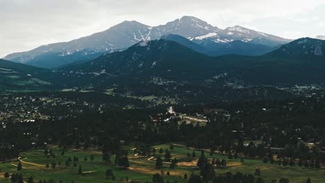 Vista-Panorámica-Hacia-La-Derecha-Sobre-Los-Parques-Municipales-En-Estes-Park,-Colorado,-Con-Altas-Crestas-De-Montañas-Rocosas-A-La-Distancia.