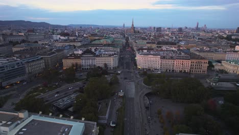 Aerial-drone-view-of-Vienna-downtown-at-golden-hour-sunset