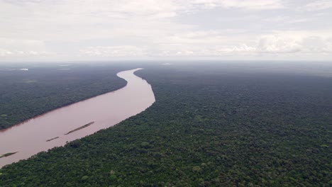 Aerial:-Fresh-water-Suriname-river-going-through-thick-amazon-rain-forest,-large-vegetation