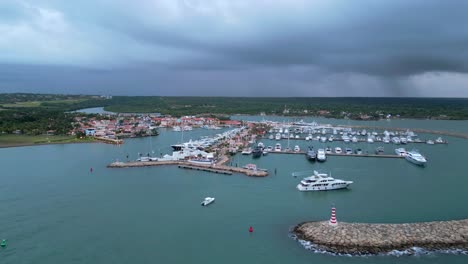 Lighthouse-Casa-de-Campo-Marina-at-sunset,-La-Romana-in-Dominican-Republic