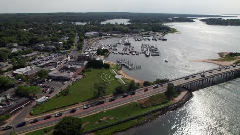 Sag-Harbor-Cove,-high-aerial-view,-4K