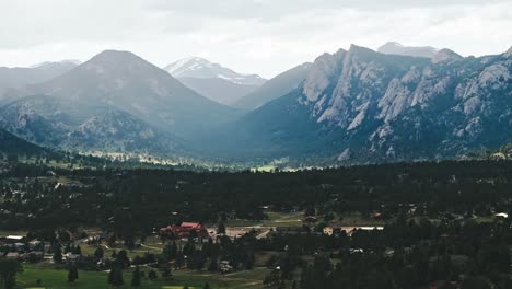 Drone-pan-right-above-parks-and-alpine-forested-areas-of-Estes-Park-Colorado-with-shining-light-across-mountains