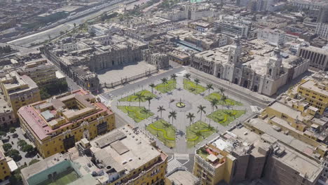 Aerial-view-of-historic-lima-square-with-well-maintained-gardens-and-colonial-architecture