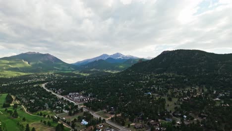 Panoramic-aerial-establishing-view-of-Estes-Park-Colorado-home-amongst-tree-filled-neighborhoods