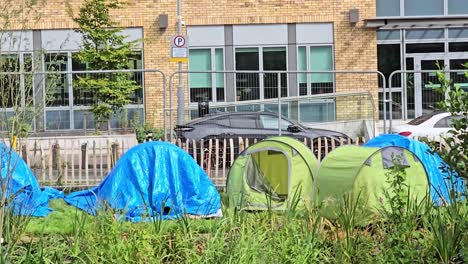 Hand-held-video-of-tent-city-Dublin-Ireland-close-up-shot,-this-was-or-is-an-ongoing-issue-in-Ireland-and-the-world