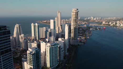 Aerial-View,-Bocagrande-Peninsula-of-Cartagena,-Colombia,-Hotels-and-Apartment-Towers,-Drone-Shot