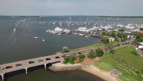 Gorgeous-aerial-of-Sag-Harbor-waterfront-and-cove,-East-Hampton,-Long-Island